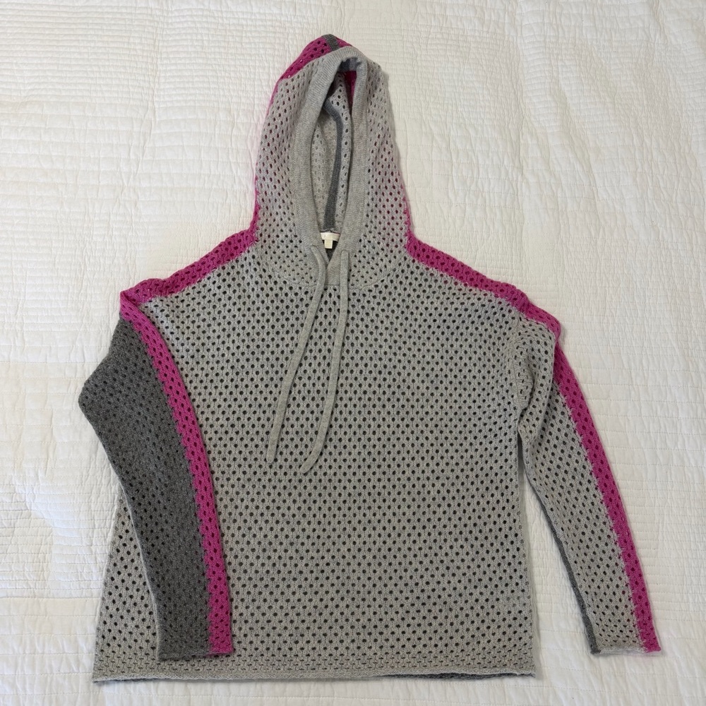 Lisa Todd Merino Wool & Cashmere Hooded Sweater | XS | Open Knit Contrast Stripe